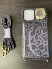 iPhone12pro 黒ヒョウ柄ショルダー付きスマホケースショルダー