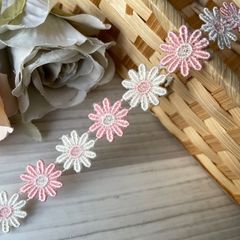 1ｍ！幅1.9cm交互のお花柄ケミカルレース　ピンク白日本製 [10656
