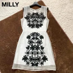 MILLY ミリー シルク 上品シアー 黒花テープ刺繍 ノースリーブドレス フレア Aライン 白 ホワイト M相当 コロネット