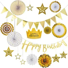 Hapipa 誕生日 飾り付け バルーン 風船 ガーランド happy birthday 大 人気 デコレーションセット ゴールド紙製ファン付きセット
