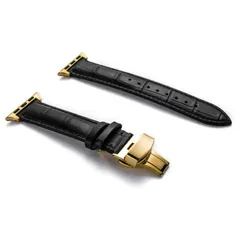 Apple Watch バンド 交換用 レザー  ベルト Dバックル バタフライバックル ビジネス ブラック ゴールド シリーズ 3 4 5 6 7 8 9 SE 38 40 41 42 44 45 49 mm　全機種対応 スマートウォッチ