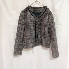 美品 innowave イノウェーブ レディース ジャケット M ノーカラー ツイード ブラック ピンク ブルー  チェック ゴールド ラメ フリンジ  キレイめ フォーマル お仕事着
