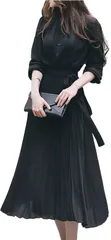 Four leaf 上品 プリーツ ロング ワンピース レディース 長袖 きれいめ ハイウエスト ドレス ロングワンピ フォーマル セミフォーマル リボン ロング丈 大きいサイズ(ブラック,  M)
