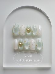 ぷっくりハートのマーガレットネイル⋆*（Green）のサムネイル