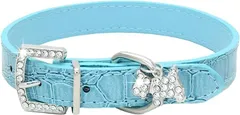 HTharros 犬首輪 犬の首輪 犬用訓練首輪 小型 中型 ペット用品 合皮 弾力性 ソフト PUレザー ラインストーン 調整可能(ライトブルーブルー,  Sサイズ)