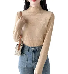 【特価セール】シースルーチュールレーストップス 長袖 レディース メッシュ ハイネック [SEYIXU] 柔らかい チュール ブラウス セクシー 可愛い 重ね着 シースルートップス 透け 薄手 レター シャツ シアートップス 通勤通学