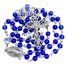 Nazareth Store ブルーガラスビーズ ロザリオ カトリック ホワイトフラワー ビーズネックレス 奇跡のメダル 十字架 キリスト教のギフト ロザリオ, 1.6