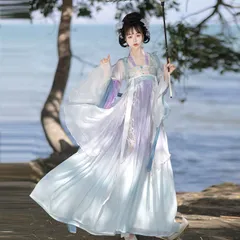 漢服 仙女風 トップス ロングドレス ショール 長リボンx2 コスプレセット 刺繡入りシフォン グラデーションプリント ハロウィン 唐装 ステージ イベント パーティー 衣装 中華服 チャイナドレス セットアップ おしゃれ エキゾチック 個性的 レディース