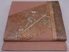 平和屋着物■太鼓柄袋帯　駒刺繍　草花文　金彩　正絹　逸品　A-sx9362