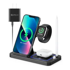 TEPNICAL ワイヤレス充電器 Qi認証 4 in 1急速充電15W/10W/7.5W iPhone 15/14/13/12シリーズ対応/Galaxy/Note/Apple AirPods 2/AirPods Pro など対応(日本語説明書付き、18W 1