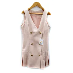 ワンアフター アナザー ナイスクラップ one after another NICE CLAUP ワンピース ミニ丈 ノースリーブ Vネック ダブルボタン ツイード プリーツ F ピンク /SY6