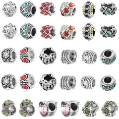 新品 SUNNYCLUE 15種30個 スペーサービーズ 大穴 ラインストーン ビーズ パーツ ラウンドビーズ ハート ビーズ 花ビーズ 円形 丸玉 足跡 桜 ヨーロピアン スタイル ロンデルビーズ メタルビーズ 合金ビーズ 金属ビーズ 大穴ビーズ 糸通しビー