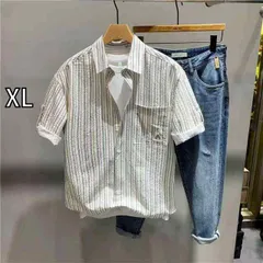 [XL]春 コーデ メンズ 用 服 シンプル ファッション オシャレ 大人 かっこいい 大きいサイズ ストリート 紳士服  ストライプ 五分袖 シャツ アメカジ シャツ ジャケット 