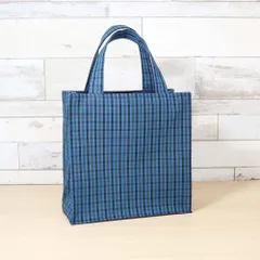 【ミニ】 ファミリア風 ブルーグリーンチェック ネイビー ポケット付き 紙袋型　ミニトートバッグ　通勤バッグ　サブバッグ　タータンチェック　小さい四角いトート　大人ナチュラル 上品かわいい お出かけにも便利 ハンドメイ