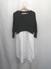 ◇ ⊇ ROYAL PARTY ロイヤルパーティ ニット 切替 長袖 ミモレ丈 ワンピース サイズF ブラック ホワイト レディース E  【1503050023146】