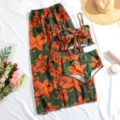 ☆ オレンジ×グリーン ☆ Lサイズ ☆ 水着 レディース 3点セット 水着 レディース トップス パンツ ロングスカート スカート パッド付 ビキニ セパレート 花柄 大人 女子 おしゃれ オシャレ かわいい 可愛い シンプル タンキニ スイムウェア
