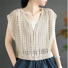 レディース トップス カットソー プルオーバー ニットベスト フレンチスリーブ Vネック クロシェ編み 大人可愛い リラクシーな着心地 おす