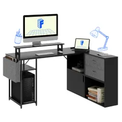 ★即日発送★FLEXISPOT l字デスク デスク FD19 デスク 収納付き 引き出し 幅134ｘ奥行き105ｘ71cm モーター台付 サイドポケット コンセント アジャスター付き 左右組立 在宅勤務 書斎 ゲーミングデスク テレワーク 棚 机 (ブラック