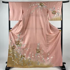 訪問着 身丈170cm 裄丈66.5cm M 袷 雪輪 蝶 金彩 染め分け 薄ピンク 正絹 秀品 【中古】