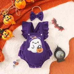 ハロウィン ベビー ロンパース ノースリーブ リボン シュシュ 女の子 ハロウィーン衣装 2色 ハロウィン コスプレ 衣装 お化け柄 幽霊 ドクロ 子供 仮装 elk8891