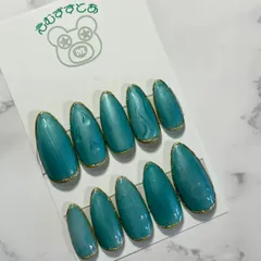 ⑮【ネイルチップ】ジェルネイル 海 マリンネイル エメラルド ゴールド ミラパ 大人ネイル オリジナル サイズ変更可 オーダー受付中