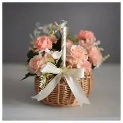 フラワーバスケット ラタン プチギフト 2個セット かご ハンドバスケット ウェディング フラワーガール おしゃれ かわいい ハンドル付き リボン 藤 収納 インテリア 小物 花用 小さいサイズ 直径16cm