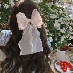 バレッタ レディース ベージュ BIGリボン シフォン 大きめ ヘアアクセサリー ヘアピン 髪飾り 韓国ファッション 大人かわいい ガーリー フェミニン 上品 デート お呼ばれ 結婚式 二次会 パーティー 普段使い ロングリボン ギフト プレゼント