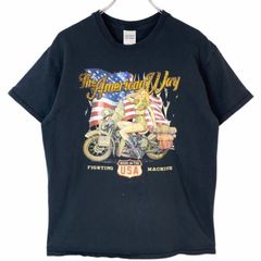 ギルダンGildan半袖TシャツバイクTミリタリー軍ものモーターサイクルBIKE星条旗AMERICAN WAY両面プリント女性モデル黒ブラックフェードvintageヴィンテージ40622