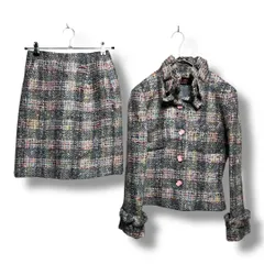 YUKI TORII ユキトリイ セットアップ　スカートスーツ ツイード ウール 肩パッド セレモニー フォーマル フリル 上品 ジャケット スカート レディース サイズ9 ピンク系 秋 久喜倉庫店 K151H