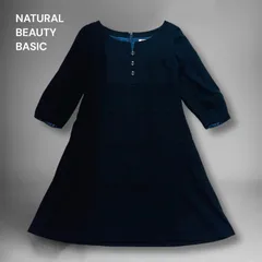 ナチュラルビューティーベーシック NATURAL BEAUTY BASIC ワンピース ひざ丈 フレア スリットネック 上品 セレモニー ネイビー M