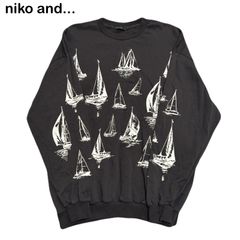niko and... ニコアンド 船 ヨット 総柄 プリント オーバーサイズ メンズ レディース トレーナー スウェット Lサイズ