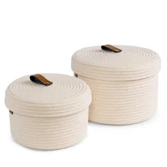 新着商品 YEARONAN ふた付き収納バスケット 化粧品収納バスケット 天然コットンロープ素材 抗菌 洗える 装飾バスケット おもちゃ収納ボックス レザーラベルハンドル 収納バスケットセット オフ 26X14（cm）/22X12（cm）収納バスケット ホワイ