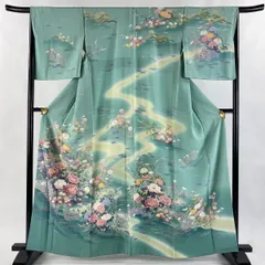 【美品】 訪問着 身丈161cm 裄丈67cm M 袷 落款 牡丹 光悦垣 ぼかし 青緑 正絹 名品 一つ紋 【中古】