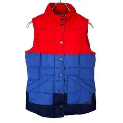 ロキシーRoxyダウンベスト中綿入りアウター切り替えデザイン裏地付き革タグレザータグ赤レッド青ブルー紺ネイビーvintageヴィンテージ41213