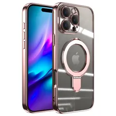 【特価セール】アイフォン16プロマックス ストラップホール付き ワイヤレス充電 磁気カバー 傷に強い背面 耐衝撃 ソフトTPU レンズカバー付き (ローズゴールド メッキ仕上げ リング付き 透明 クリア MagSafe対応 16Pro ケース Max Pro