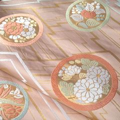 九寸帯　絹　丸文　桃花色　西陣織　未仕立て　名古屋帯　狂言の丸　鎌倉文