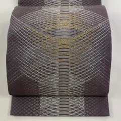 袋帯 美品 秀品 幾何学 格子 箔 灰紫 六通 正絹 【中古】