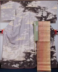 着物セット 新品 仕立て上がり しょうざん 洒落訪問着・ひなや 洒落袋帯・帯揚げ・伊賀組紐 帯締め 4点 セット 紬の訪問着 紬 洒落訪問着 組み紐 組紐 【送料無料 中古】【リサイクル着物 仕立て上がり きもの天陽】のサムネイル