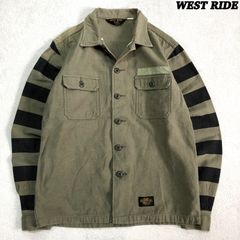 WEST RIDE BORDER SLEEVE WORK SHIRTS ワークシャツ 袖ボーダー 切り替え ロングスリーブ 長袖 Mサイズ 緑系 オリーブ カーキグリーン ウエストライド