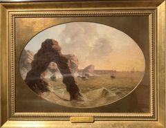 【19世紀 絵画】J・Bアシュトン　「コーンウォール海岸　リナンスの入江」