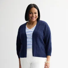 【送料無料】 クロフト＆バロー レディース ニット・セーター アウター Plus Size Croft & Barrow Pointelle Basket Open Front Cardigan Navy