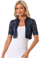 Allegra K ボレロ サテン カーディガン 前開き クロップ レース シュラッグ レディース ダークブルー M