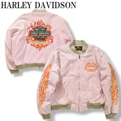【希少】 90sヴィンテージ ハーレーダビッドソン HARLEY DAVIDSON ファイヤーパターン 刺繍 ベロア スカジャン ジャケット ブルゾン アメカジ バイカー L ピンク メンズ