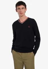 フレッドペリー FRED PERRY クラッシックＶネックセーター セーター K9600 N20 CLASSIC MERINO V NECK JUMPER BLACK × SNOW WHITE × BLOOD