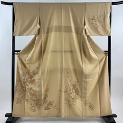 付下げ 身丈161.5cm 裄丈66cm M 袷 草花 鴛鴦 刺繍 薄オレンジ 正絹 美品 名品 【中古】