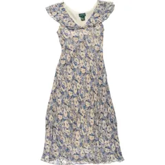 古着 ラルフローレン Ralph Lauren LAUREN ローレン 花柄 フリル Vネック シルク ノースリーブ Aラインワンピース/evb009876