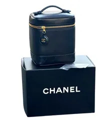 超美品◆本物シャネルCHANELヴィンテージVintageビコローレココマークCCゴールドG金具バニティハンドバッグポーチラムスキン化粧箱・黒金