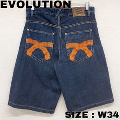 US古着 EVOLUTION IN DESIGN デニム ショートパンツ 刺繍 ひざ下 Y2K W34 インディゴ 濃紺