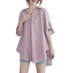 【人気商品】半袖Vネック 夏 ゆったり レディース オフィス 無地 五分袖 シフォン シャツ おしゃれ 大きいサイズ フォーマル シンプル 無地 [ADKASS] 通勤 OL カジュアル オフィス