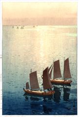 吉田博　光る海　大サイズ　複製　ポスター　版画　新版画　木版画　風景画　帆船